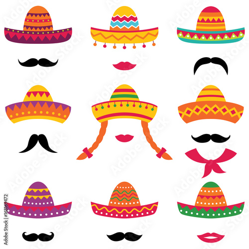 Traditional Mexican isolated sombrero hats set