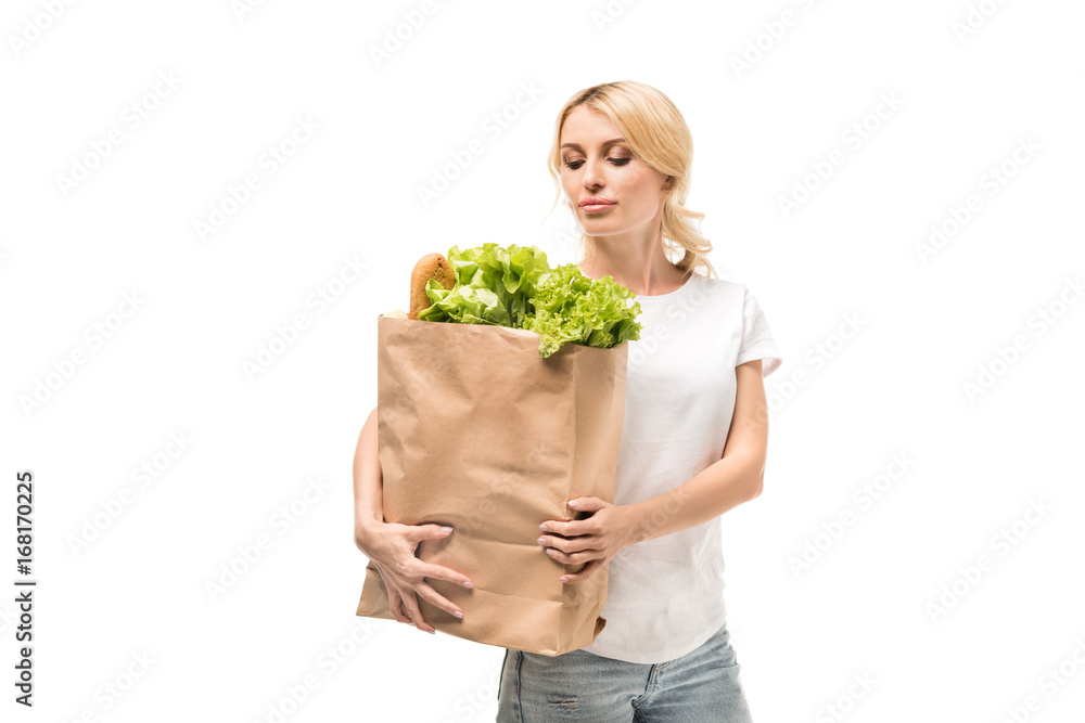 woman with paper bag woman with paper bag