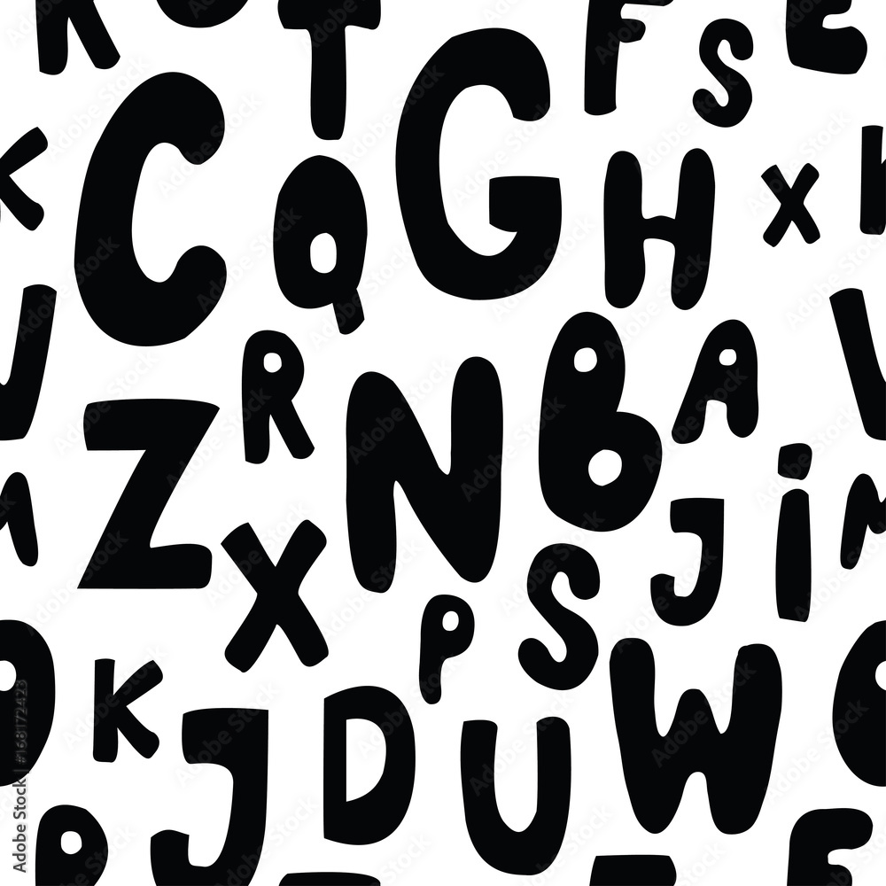 Seamless pattern with black cartoon letters on white background. Seamless pattern with black cartoon letters on white background.