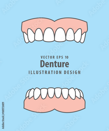 Denture illustration vector on blue background. Dental concept.