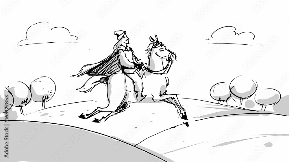 Obraz premium Hero on a white horse Vector sketch for storyboard, projects, cartoon