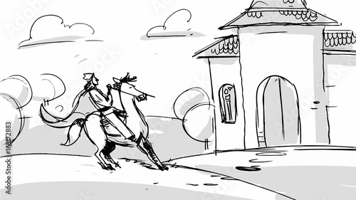 Hero on a white horse riding to the castle Vector sketch for storyboard, projects, cartoon