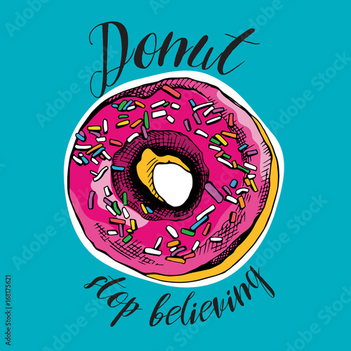 Bright Poster. Image of a pink Donut with sprinkles on a blue background. Vector illustration.