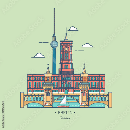 Banner of Berlin city in line trendy style.Travel Berlin icon. Tourist attractions in capital of Germany