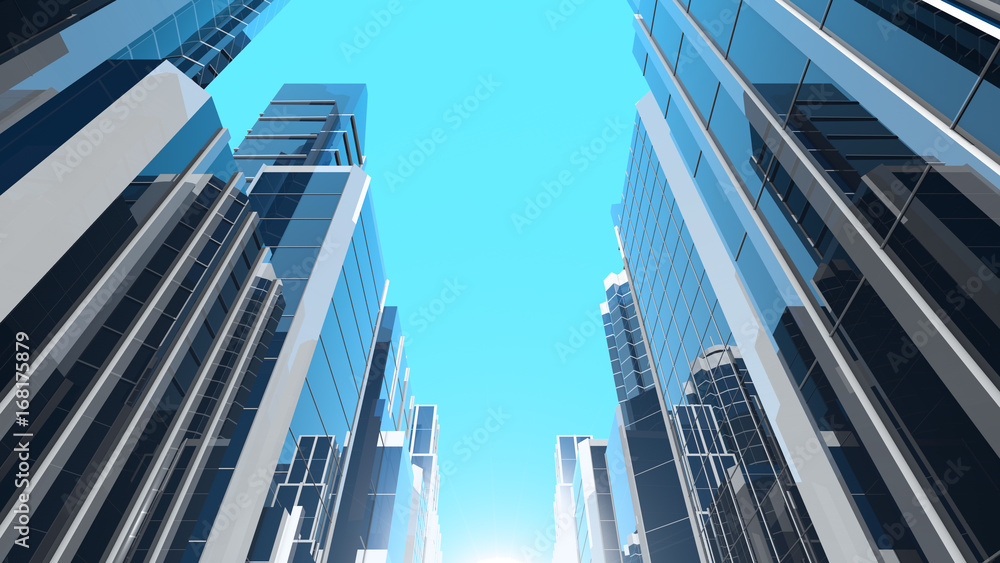 3D illustration of modern corporate skyscrapers with reflective blue windows. The camera is tilted upwards.