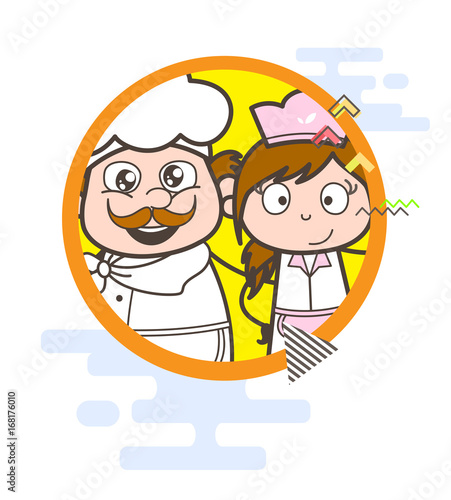 Cartoon Happy Chef and Smiling Waitress Vector Illustration