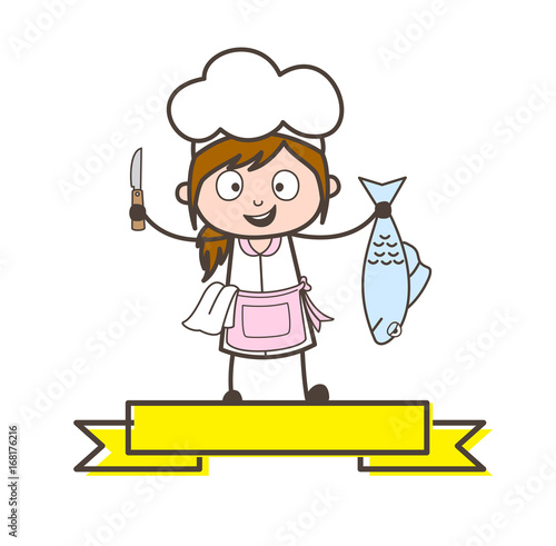 Cartoon Waitress Presenting a Knife and Fish Vector Illustration