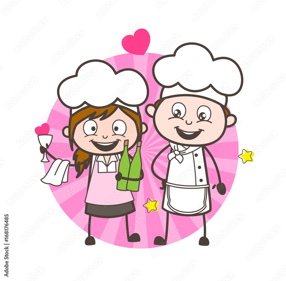 Cartoon Waitress and Chef with Wine Bottles Vector Illustration Cartoon Waitress and Chef with Wine Bottles Vector Illustration