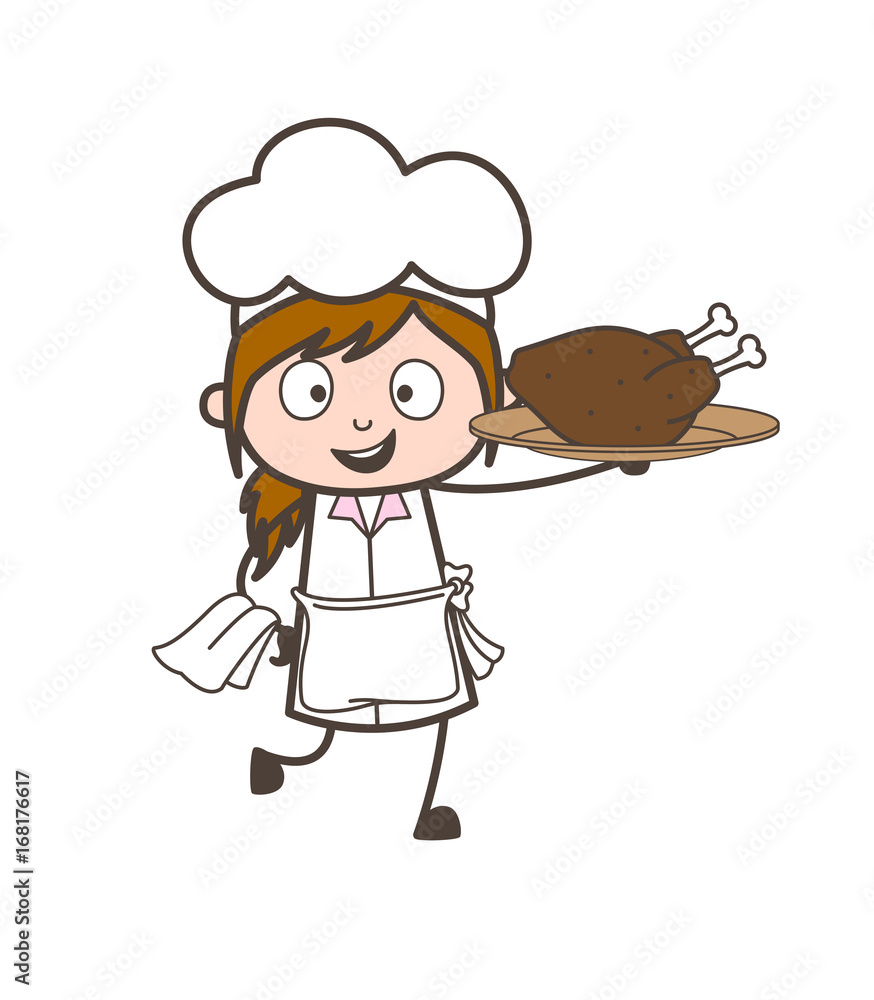 Cartoon Waitress Having Dish of Chicken Vector Illustration Cartoon Waitress Having Dish of Chicken Vector Illustration