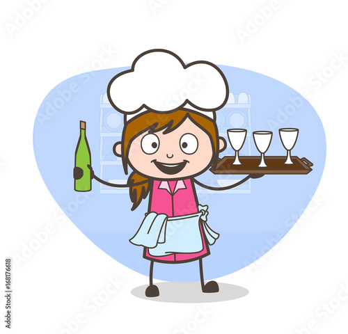 Cartoon Waitress Showing Wine Bottle and Glasses Vector Illustration