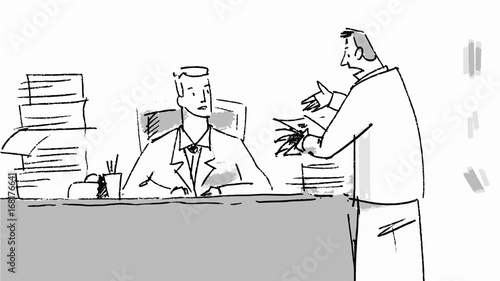 Man in his office with a lot of papers. Vector sketch for storyboard, projects, cartoons