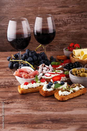 Italian antipasti wine snacks set. Cheese variety  Mediterranean