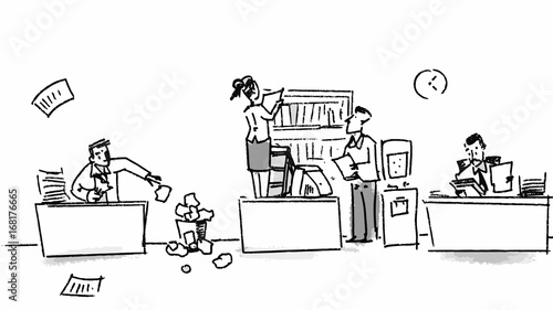 People busy working at their desk in an office. Vector sketch for storyboard, projects, cartoon