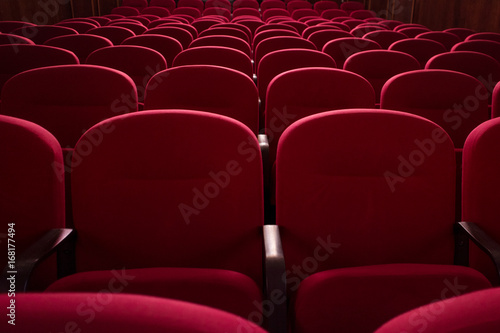 Empty cinema hall. Rows of red chairs. The crisis in film distribution