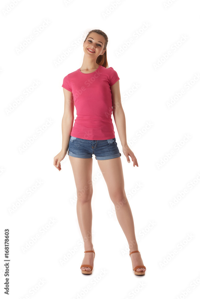 Girl in a T-shirt and shorts on a white background Girl in a T-shirt and shorts on a white background