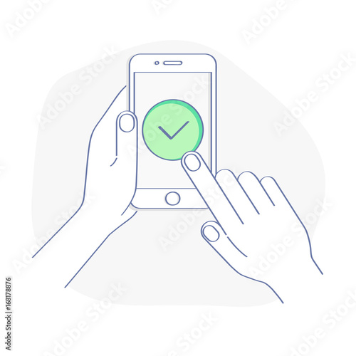 Check mark on Smart-phone screen. Approve, Done or Success.