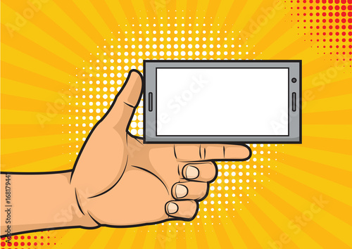 Thumb up holding a smartphone with empty screen