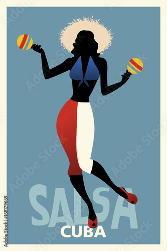 Silhouette of girl dancing salsa with maracas. Retro style Cuba poster.