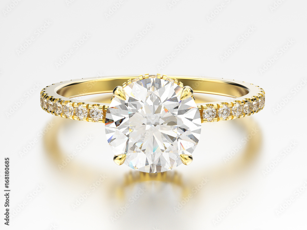 3D illustration yellow gold traditional engagement ring with diamond ...