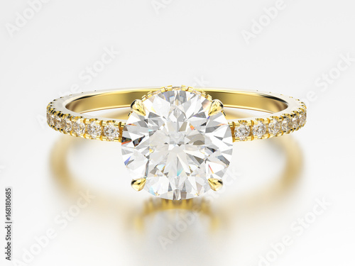 3D illustration yellow gold traditional engagement ring with diamond with reflection