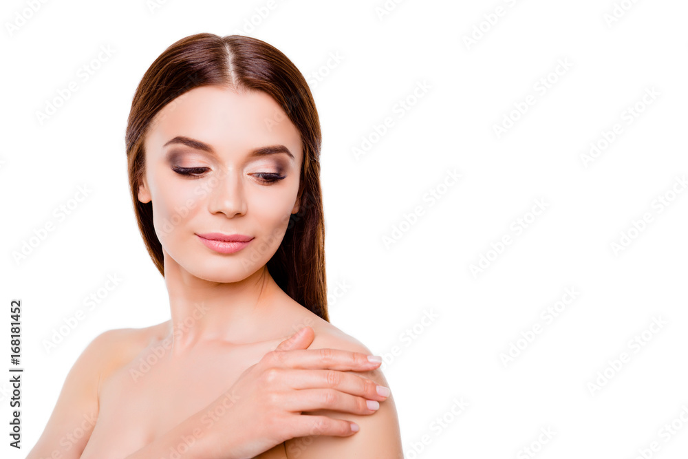 Close up cropped photo of young cute brunette girl, touching gently her shining healthy skin, it is so smooth, pure and clean! Close up cropped photo of young cute brunette girl, touching gently her shining healthy skin, it is so smooth, pure and clean!