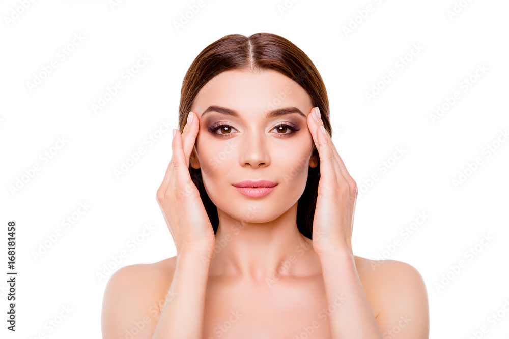 Aging, acne, pimple, wrinkles, oily, dry skin concept. Close up cropped photo of pretty young lady touching her temples and look happy Aging, acne, pimple, wrinkles, oily, dry skin concept. Close up cropped photo of pretty young lady touching her temples and look happy