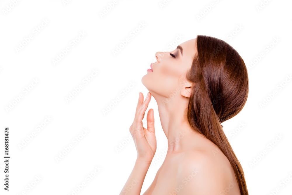 So cute and pure! Young pretty charming girl is touching gently her shining healthy skin on the neck, so sensual, smooth and healthy So cute and pure! Young pretty charming girl is touching gently her shining healthy skin on the neck, so sensual, smooth and healthy