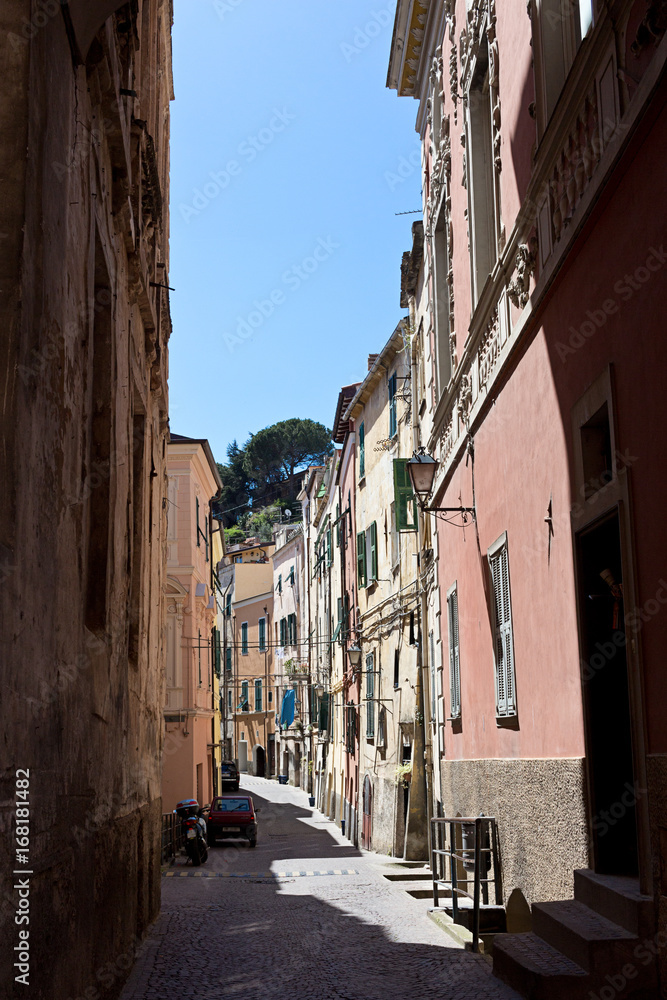 Taggia street in the the old town, Liguria, Province of Imperia.
