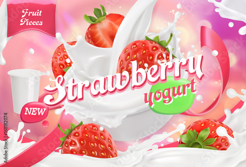 Strawberry yogurt. Fruits and milk splashes. 3d realistic vector package design
