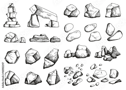 Stones different set of sketch. Hand drawing vector illustration