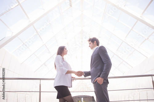 Businessman and Businesswoman Shaking Hands In Office. Business concept