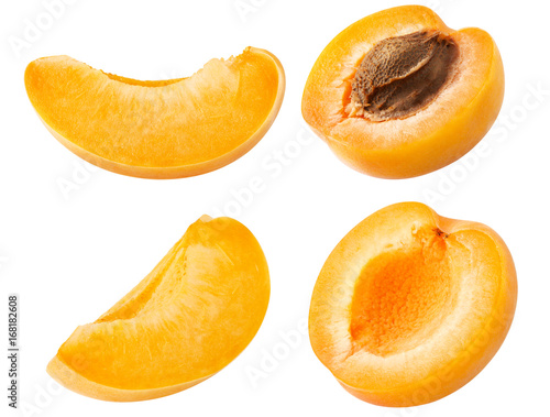 Collection of apricot. Set of fresh apricot fruits cut slices isolated on white background, with clipping path