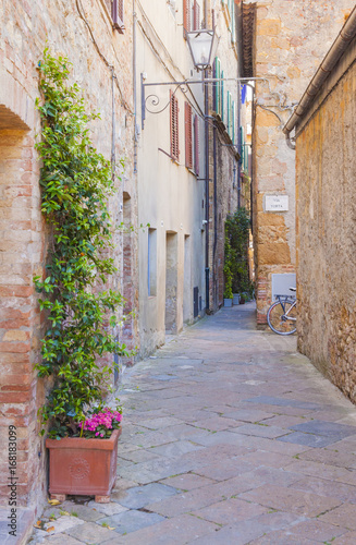 Narrow street with flowers in the old Italian village