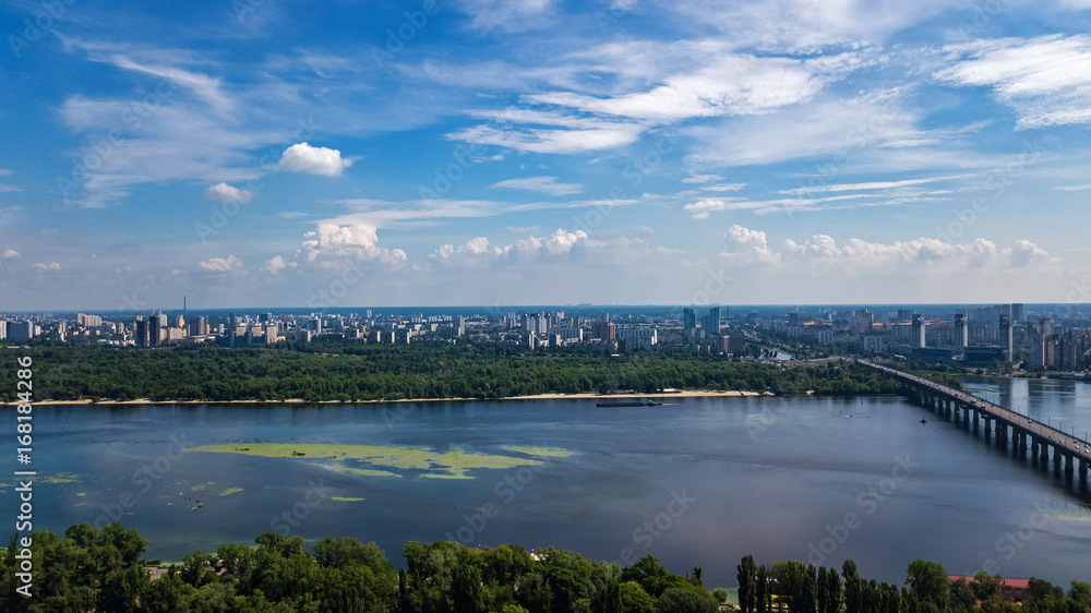 Aerial top view of Paton bridge and Dnieper river from above, city of Kiev, Ukraine
