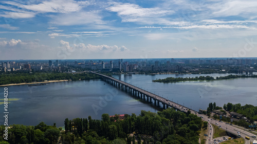 Aerial top view of Paton bridge and Dnieper river from above  city of Kiev  Ukraine  
