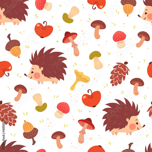 Fototapeta Cute autumn seamless pattern with hedgehogs