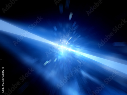 Blue glowing laser beams hitting the target, explosion