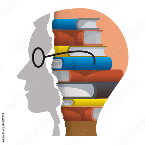 
Bookworm reader concept.
Male head silhouette with ripped paper and books.Isolated on white background. Vector available.