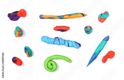 Set of colorful plasticine shapes isolated on white background