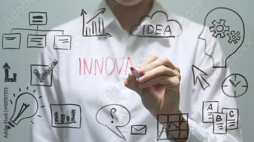 Woman writing INNOVATION on transparent screen. Businesswoman write on board.