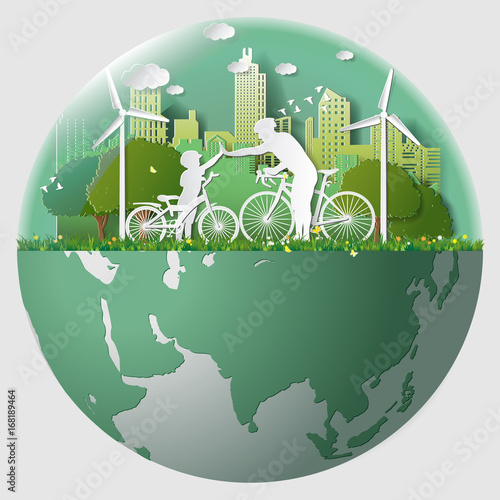 Paper folding art origami style vector illustration Green renewable energy ecology technology power saving environmentally friendly concepts, father son join hands cycling in parks near city in marble