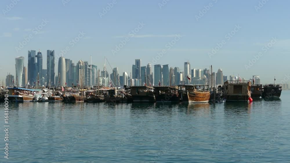 Dhow Harbour and Doha skyline landscape in the morning Dhow Harbour and Doha skyline landscape in the morning