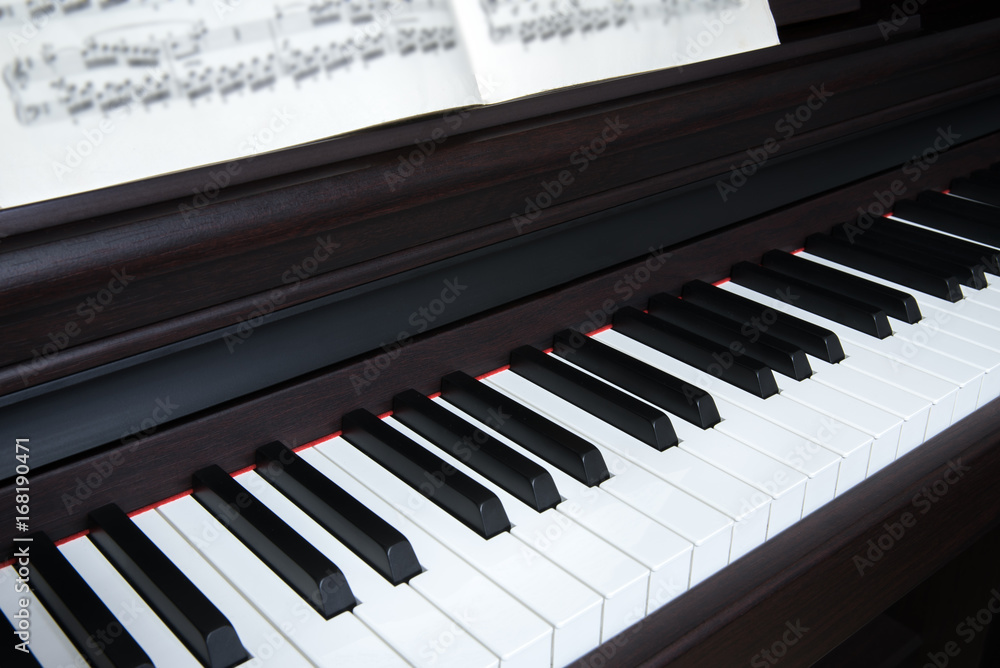 Piano and piano keyboard with sheet music Piano and piano keyboard with sheet music