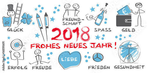 2018 Frohes neues Jahr illustrierte Grußkarte mit Symbolen