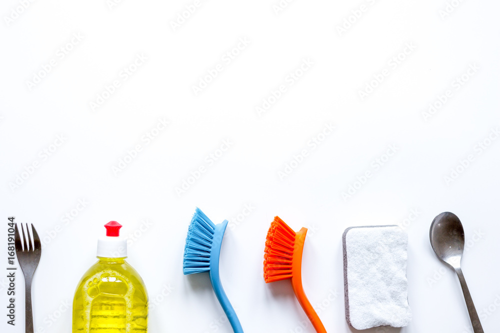 concept of washing dishes on white background top view concept of washing dishes on white background top view