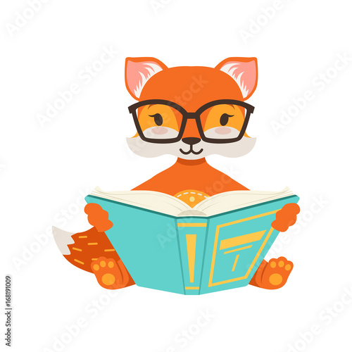 Cute orange fox character sitting and reading a book, funny cartoon forest animal posing vector Illustration
