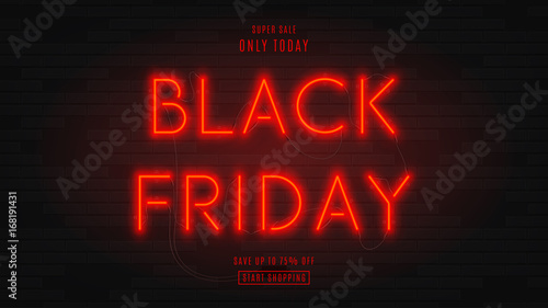 Dark web banner for black Friday sale. Modern neon red billboard on brick wall. Concept of advertising for seasonal offer with glowing neon text.
