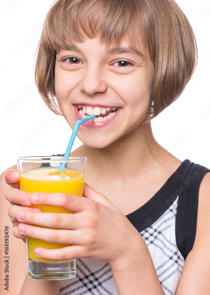 Beautiful caucasian little girl drinking fresh orange juice. Emotional portrait of attractive happy child with glass, isolated on white background. Beautiful caucasian little girl drinking fresh orange juice. Emotional portrait of attractive happy child with glass, isolated on white background.