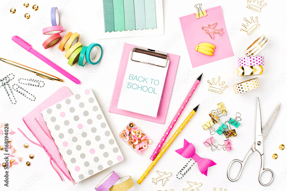 Back to school concept on white background. Flat lay, top view Back to school concept on white background. Flat lay, top view