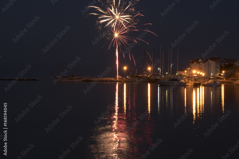 Stobrec marina at night, fireworks, Croatia, Europe